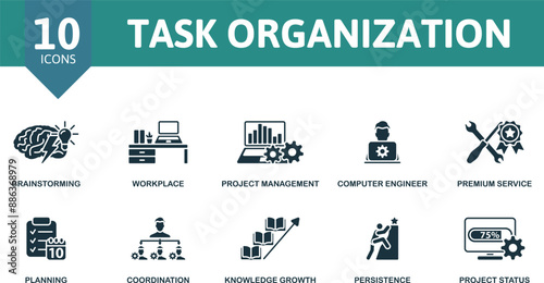 Task Organization icon set. Brainstorming, Workplace, Project Management, Computer Engineer, Premium Service, Planning, Coordination, Knowledge Growth, Persistence, Project Status icons.