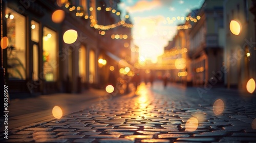 Cobblestone Street in the City at Dusk With String Lights © CYBERPINK