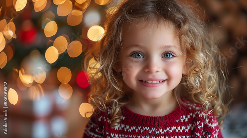 Little smiling girl with curly hair in a New Year's sweater against the background of a Christmas tree