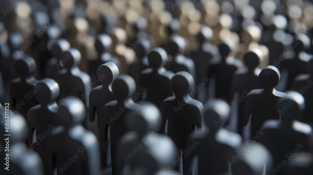 Obraz premium Crowd of monochrome wooden figurines standing close together, symbolizing community, unity, and diversity in a conceptual, artistic manner.