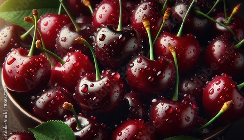 A cluster of red cherries with water droplets on their skins sits in a rustic wooden bowl. The cherries are round and shiny, and some leaves are visible at the base of the bowl. photo