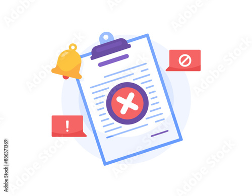 the concept of the document is wrong, rejected and prohibited. dangerous and confidential files. illustration of document paper on clipboard with prohibition and warning symbols. flat style design