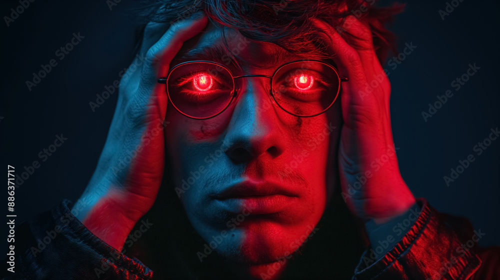 Man with glowing red eyes holding his head, illuminated by red light, creating a dramatic and intense visual effect, conveying a sense of horror or supernatural presence. Man with glowing red eyes holding his head, illuminated by red light, creating a dramatic and intense visual effect, conveying a sense of horror or supernatural presence.