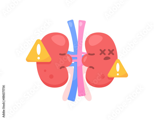 concept of kidney failure, kidney health problems or disorders. Illustration of the kidney organ with a dead facial expression and a warning symbol. flat style design. graphic elements