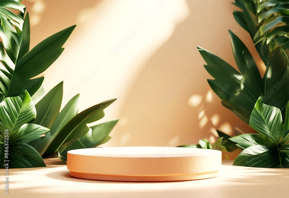 Cosmetic Product Display Podium Mockup with Leaves and 3D Shadows Cosmetic Product Display Podium Mockup with Leaves and 3D Shadows