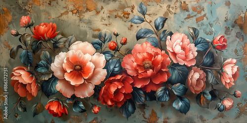 Beautiful fantasy vintage wallpaper with botanical flower bunch, ideal for floral print digital backgrounds.