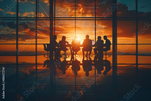 Office team meeting, silhouettes of company employees and coworkers sitting around the table. Business office, Workplace office, Corporate, Corporation colleagues 