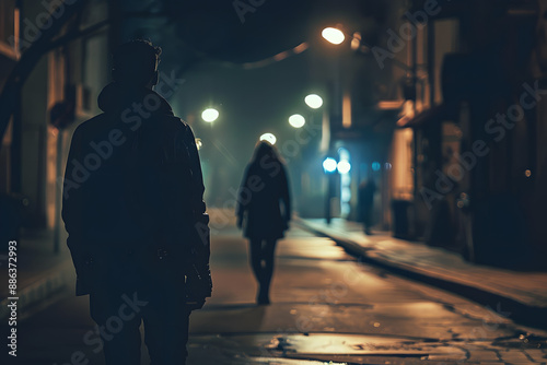 Man following woman in dark street, night, stalking, crime, mugger, scary worry violence, city danger silhouette life footsteps two people girl man, afraid.