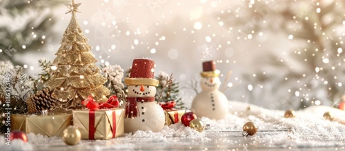 Festive Christmas setting featuring a golden tree cheerful snowmen and presents on a joyful background with copy space image