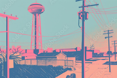 Risograph riso print travel poster, card, wallpaper or banner illustration, modern, isolated, clear, simple of Frisco, Texas, USA. Artistic, screen printing, stencil photo