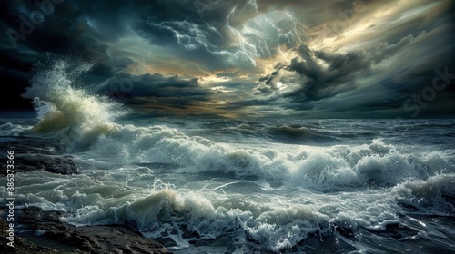 Ocean Waves Background: Captures the essence of a dynamic seascape with powerful waves crashing against rugged cliffs under stormy skies.  © Best