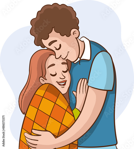 Happy Young Romantic Couple together.Wife,Husband hug each other.Supporting,Warm,loving relationships.Family people trust,help to each other.True Love.Smiling Woman and Man.Flat vector illustration