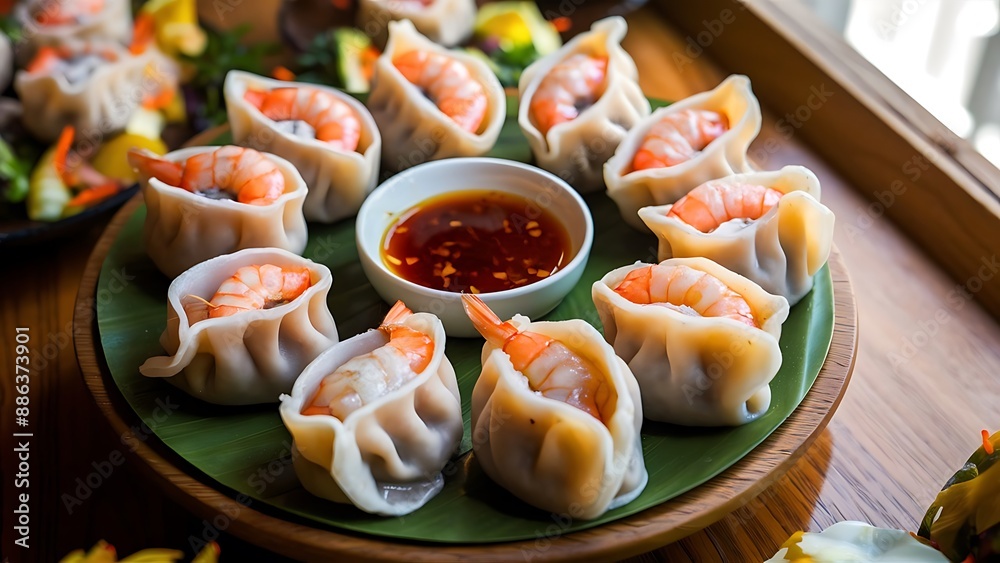 Shumai shrimp with sauce, Steamed shrimp dumplings dim or dim sum and vegetable on wooden table, Shumai shrimp with sauce, Steamed shrimp dumplings dim or dim sum and vegetable on wooden table,