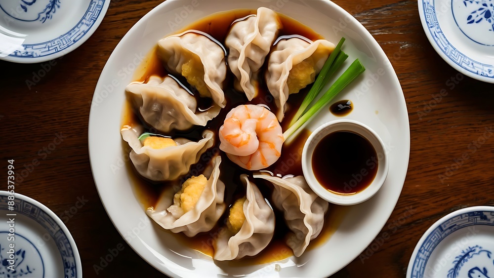 Shumai shrimp with sauce, Steamed shrimp dumplings dim or dim sum and vegetable on wooden table, Shumai shrimp with sauce, Steamed shrimp dumplings dim or dim sum and vegetable on wooden table,