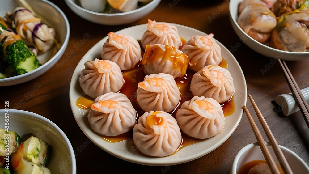Shumai shrimp with sauce, Steamed shrimp dumplings dim or dim sum and vegetable on wooden table, Shumai shrimp with sauce, Steamed shrimp dumplings dim or dim sum and vegetable on wooden table,
