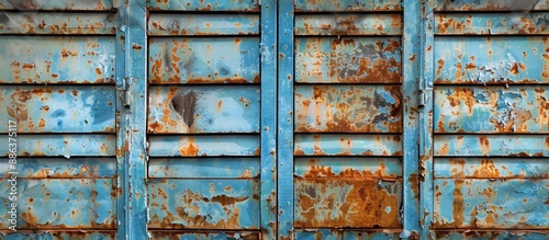 A vintage rusty metal shutter painted blue with a weathered look set against a grungy background for a copy space image