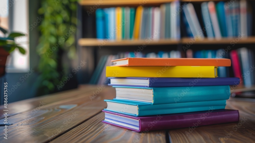 Stack of colorful books on a wooden table. Stack of colorful books on a wooden table.