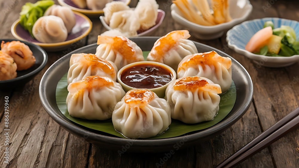 Shumai shrimp with sauce, Steamed shrimp dumplings dim or dim sum and vegetable on wooden table, Shumai shrimp with sauce, Steamed shrimp dumplings dim or dim sum and vegetable on wooden table,