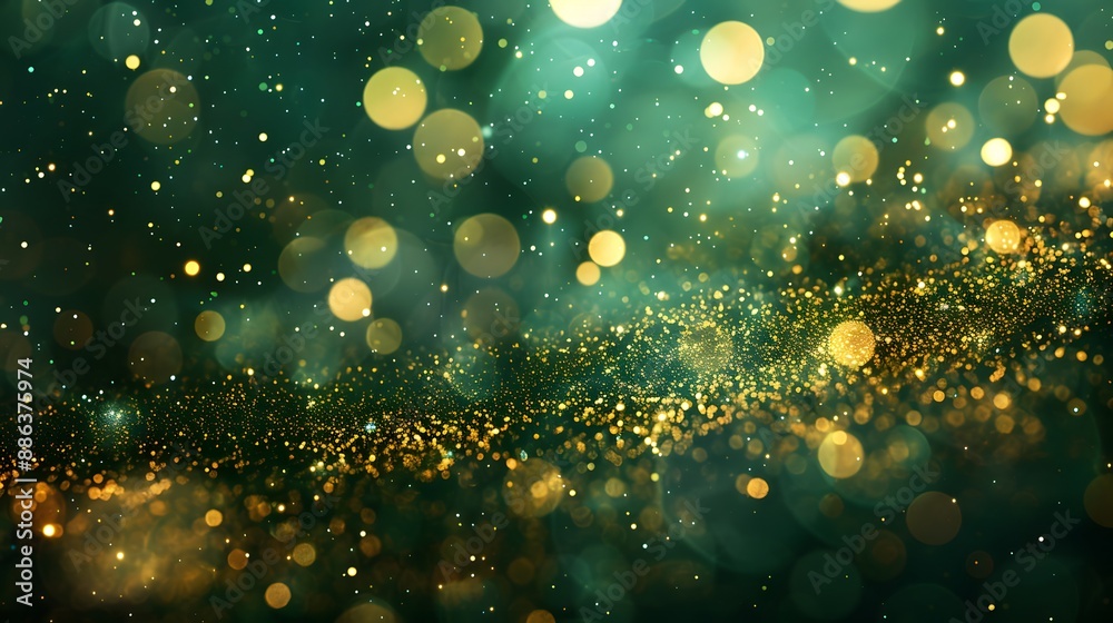 Dark green background with golden bokeh lights, glittering and sparkling Dark green background with golden bokeh lights, glittering and sparkling