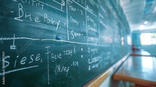 Close up of a chalkboard with math equations.