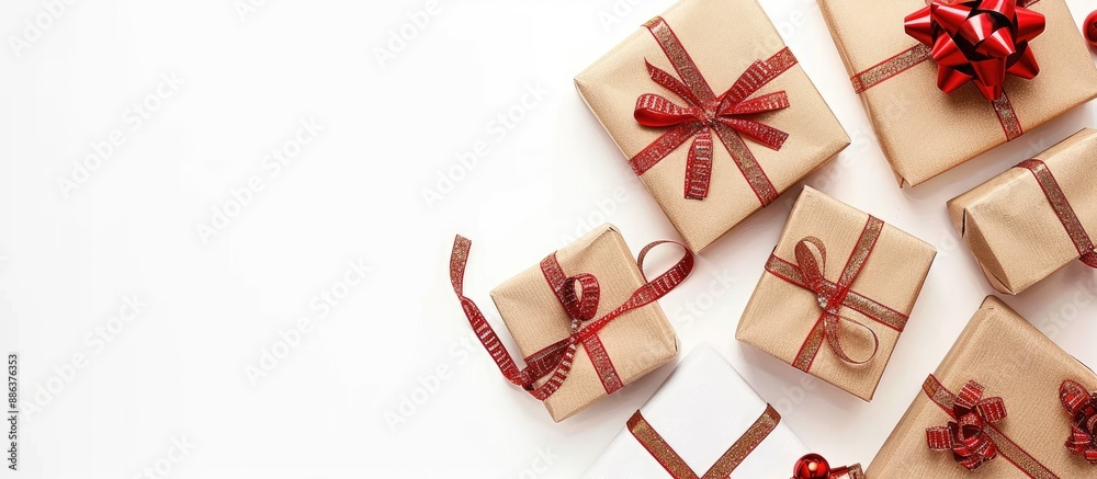 Top view of Christmas gift boxes on white background with copy space image Top view of Christmas gift boxes on white background with copy space image