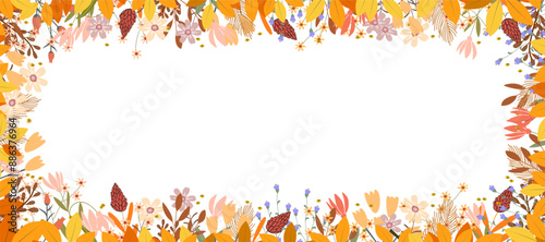 Autumn Background leaves and flower border on white background,Fall season banner with cute colourful wild flowers and leaves frame,Vector backdrop for Thanksgiving,Harvest Day