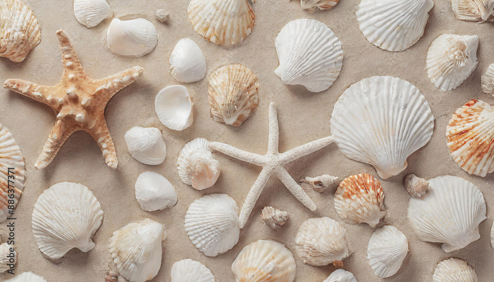 Top view of a sandy beach with collection of seashells and starfish as natural textured background for aesthetic summer design Top view of a sandy beach with collection of seashells and starfish as natural textured background for aesthetic summer design