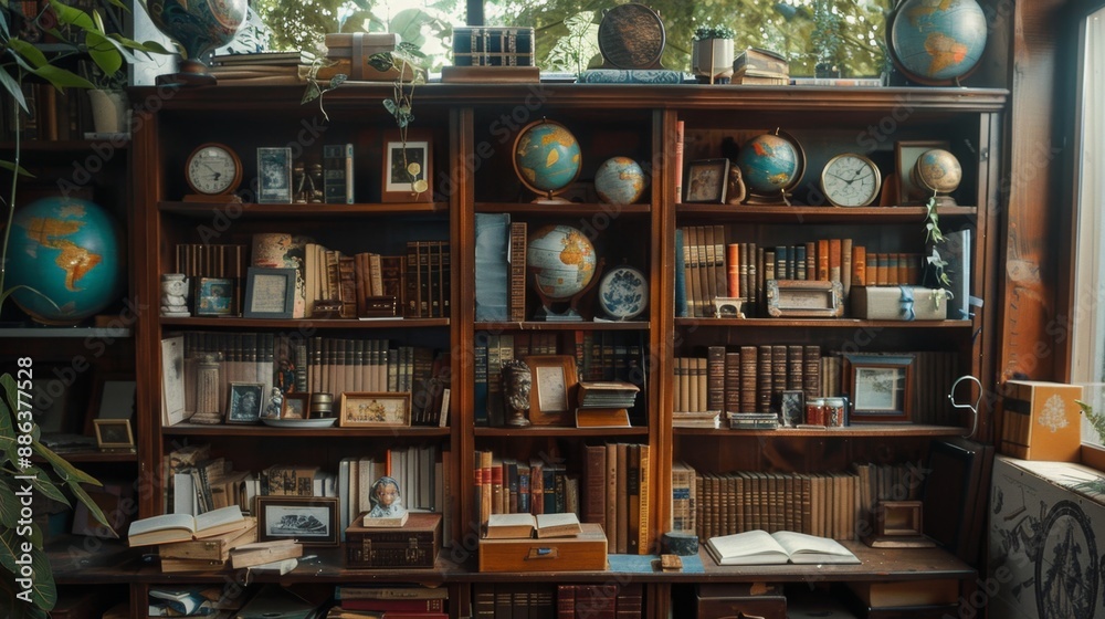 Wooden Bookshelf with Globes and Books. Wooden Bookshelf with Globes and Books.