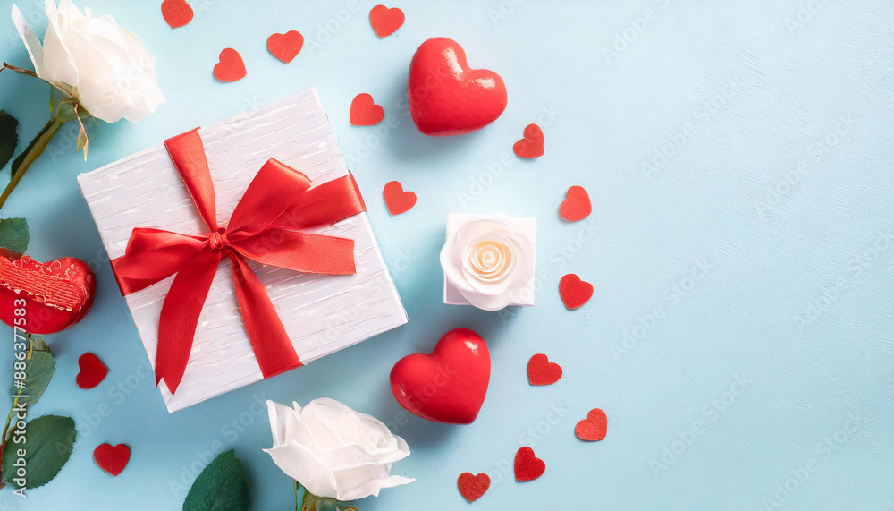 Valentine or mother day festive composition with gift or present box and red hearts on pastel background top view. Flat lay greeting card. Valentine or mother day festive composition with gift or present box and red hearts on pastel background top view. Flat lay greeting card.