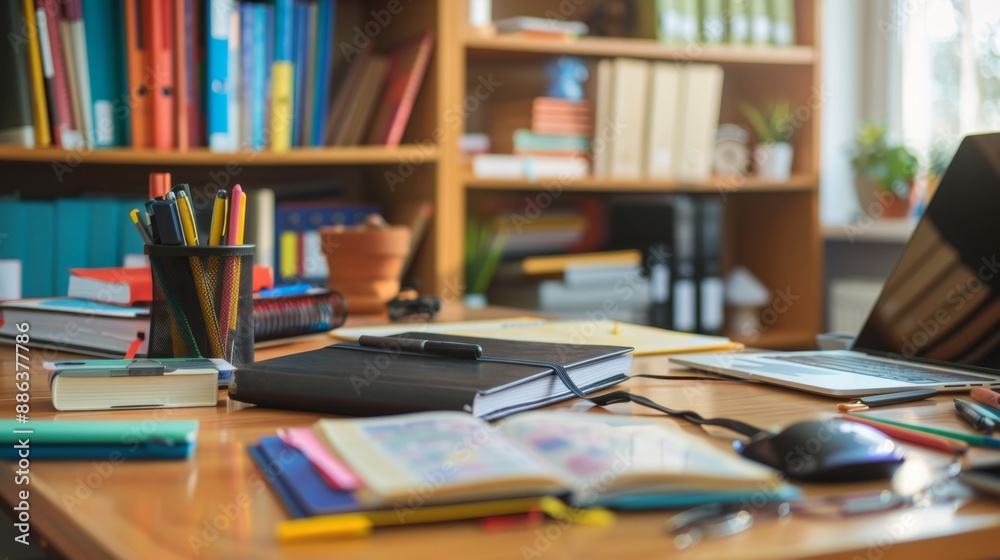 Desk with Books, Pens, Laptop, and Papers.