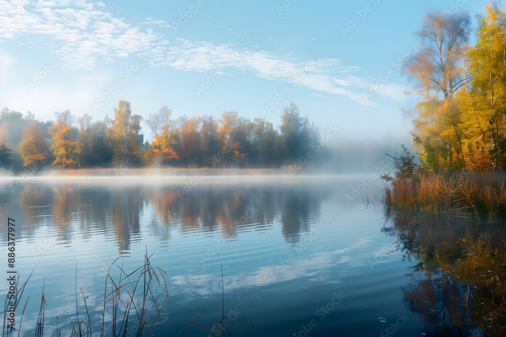 Serene Lakeside View with Mist Rising from the Water Serene Lakeside View with Mist Rising from the Water