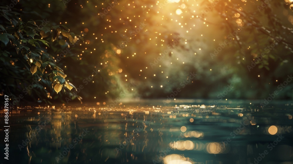 Glowing Lights Reflecting on Still Water in a Dark Forest Glowing Lights Reflecting on Still Water in a Dark Forest