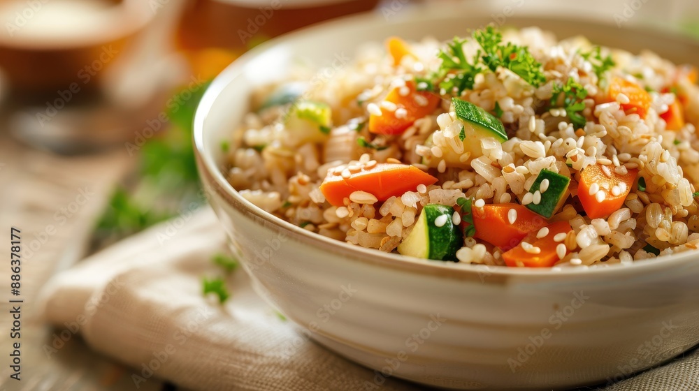Fresh and Healthy Vegetable Fried Rice in a Bowl with Parsley Garnish on a Rustic Wooden Table Fresh and Healthy Vegetable Fried Rice in a Bowl with Parsley Garnish on a Rustic Wooden Table