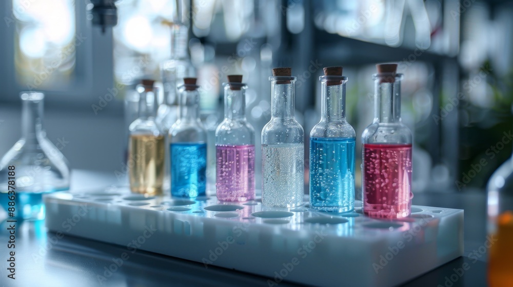 various test tubes and beakers on a lab desk, reflecting modern science exploration, with room for text, illustrating scientific research various test tubes and beakers on a lab desk, reflecting modern science exploration, with room for text, illustrating scientific research