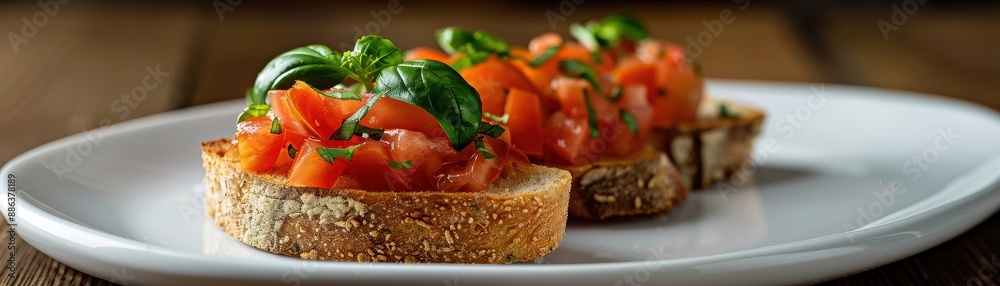 Fresh Italian Bruschetta with Tomatoes and Basil on a White Plate Fresh Italian Bruschetta with Tomatoes and Basil on a White Plate