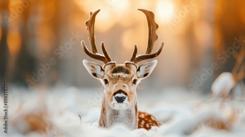 A beautiful shot of a stag lying in the snow, with sunlight illuminating the antlers and creating a warm glow, set against the backdrop of a peaceful winter forest landscape. photo