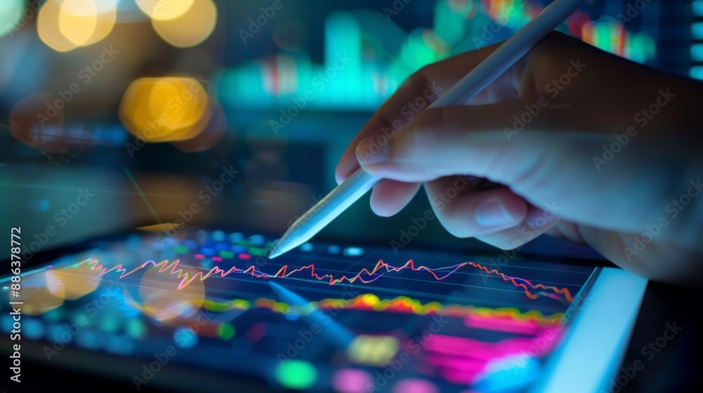 A close-up of a hand using a stylus to highlight a trend on a stock market graph displayed on a tablet. A close-up of a hand using a stylus to highlight a trend on a stock market graph displayed on a tablet.