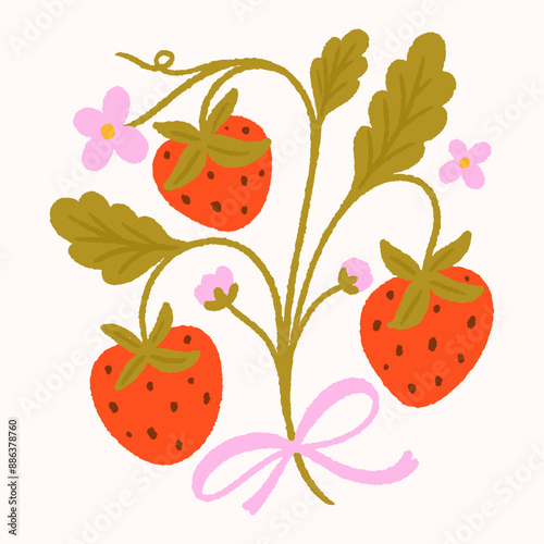 Flat vector illustration isolated on white background. Strawberry with a bow. Design for greeting card, poster, fabric.