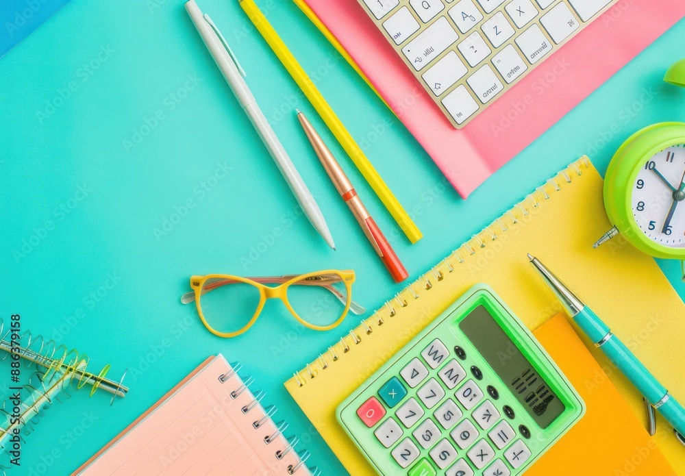 Overhead shot of a pastel-themed desk setup featuring school essentials like notepads, pens, and glasses, accented with a yellow calculator and green alarm clock.