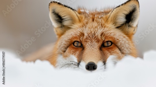 A close-up of a fox peering through the snow, displaying its keen senses with ears perked up and a focused gaze, creating a serene yet vigilant winter scene.