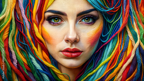 A portrait of a girl made with colored threads