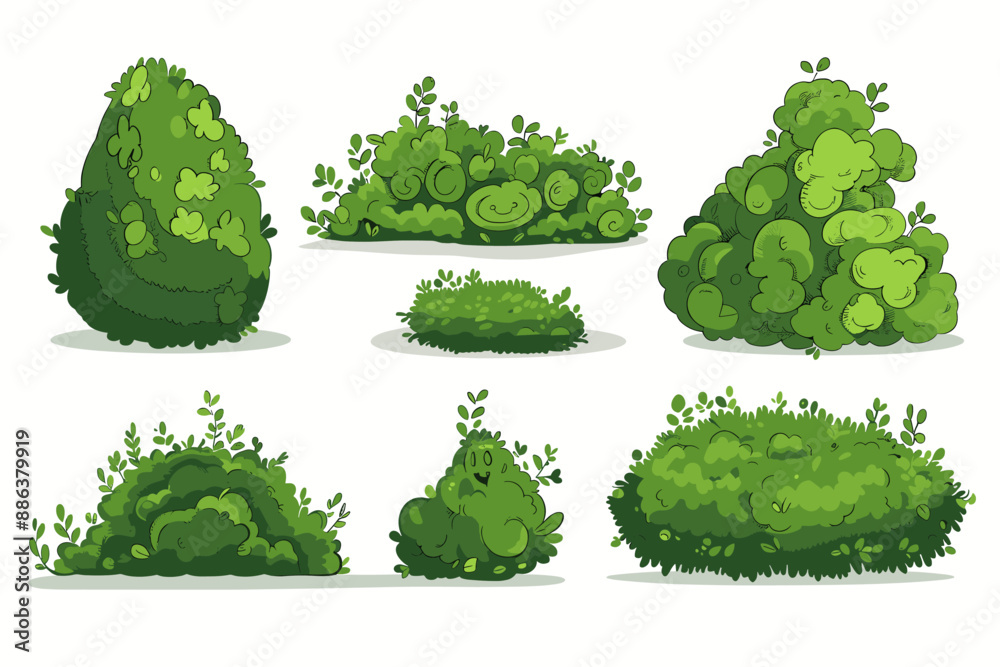 Set of decorative vector bush illustrations on a white background. Green flat bushes on white background. Green grass vector set. Shrub bush shrubbery tree simple abstract. Eco element, foliage Set of decorative vector bush illustrations on a white background. Green flat bushes on white background. Green grass vector set. Shrub bush shrubbery tree simple abstract. Eco element, foliage