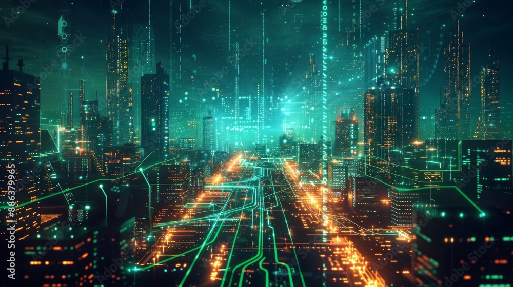 Obraz premium Futuristic Smart Cyber City illustration: Innovative Urban Landscape in Digital Circuitry, futuristic technology concept, Graphic Resources, Wallpapers, Brochure, Websites, banner design, Advertising,