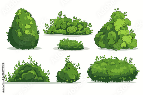 Set of decorative vector bush illustrations on a white background. Green flat bushes on white background. Green grass vector set. Shrub bush shrubbery tree simple abstract. Eco element, foliage