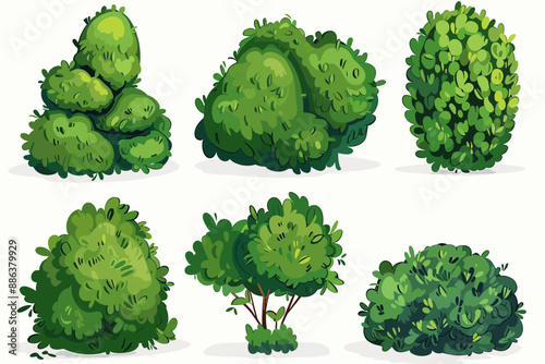 Set of decorative vector bush illustrations on a white background. Green flat bushes on white background. Green grass vector set. Shrub bush shrubbery tree simple abstract. Eco element, foliage