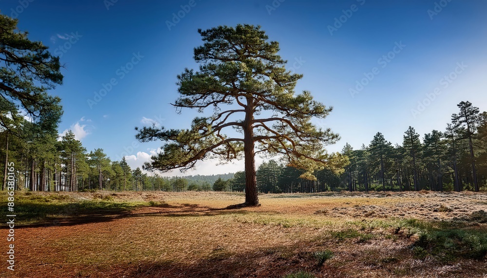 Obraz premium Pine trees are hardy, adaptable conifers with long, slender needles. They thrive in various climates and are popular in forestry and ornamental plantings.