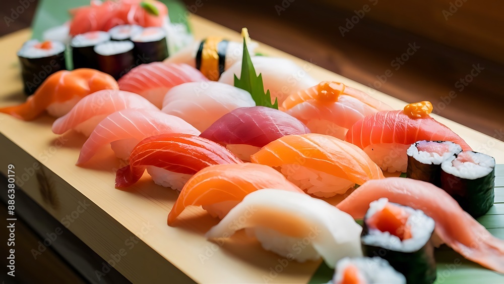 Sushi platter. A selection of raw fish and rice snacks on wooden surface. Sushi platter. A selection of raw fish and rice snacks on wooden surface.