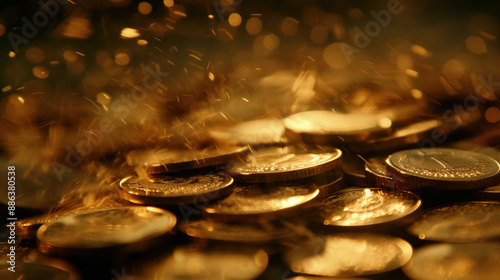 Close-up of several gold coins with sparks and glowing effects, creating a dramatic, high-energy visual representation of wealth and value.