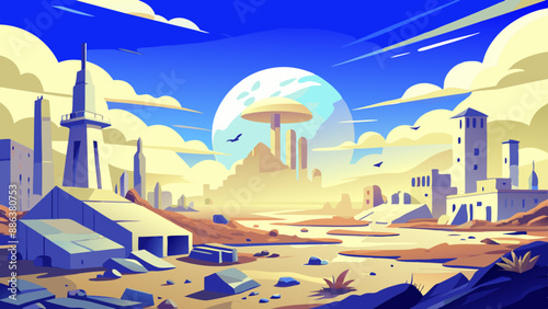 Post apocalyptic landscape with ruined city after nuclear war.