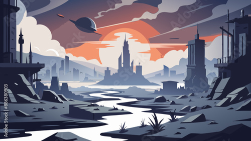 Post apocalyptic landscape with ruined city after nuclear war.
